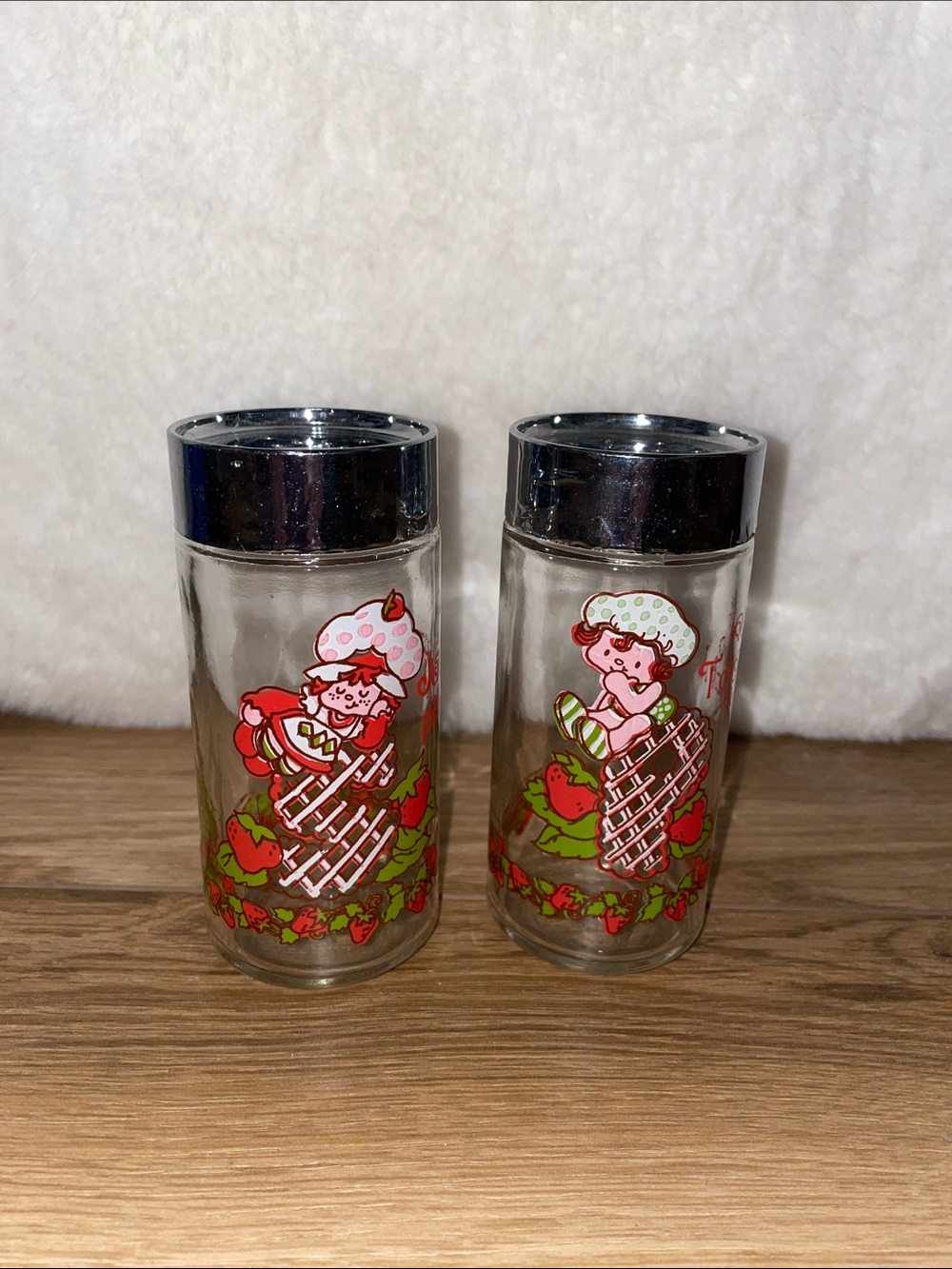 Vintage American Greetings Strawberry Shortcake Glass Salt & Pepper Shakers